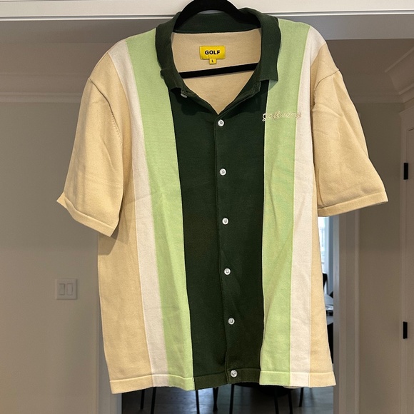 Men's GOLF WANG Green / Beige Knit Short Sleeve Button Up Polo - Size XL - Picture 6 of 14